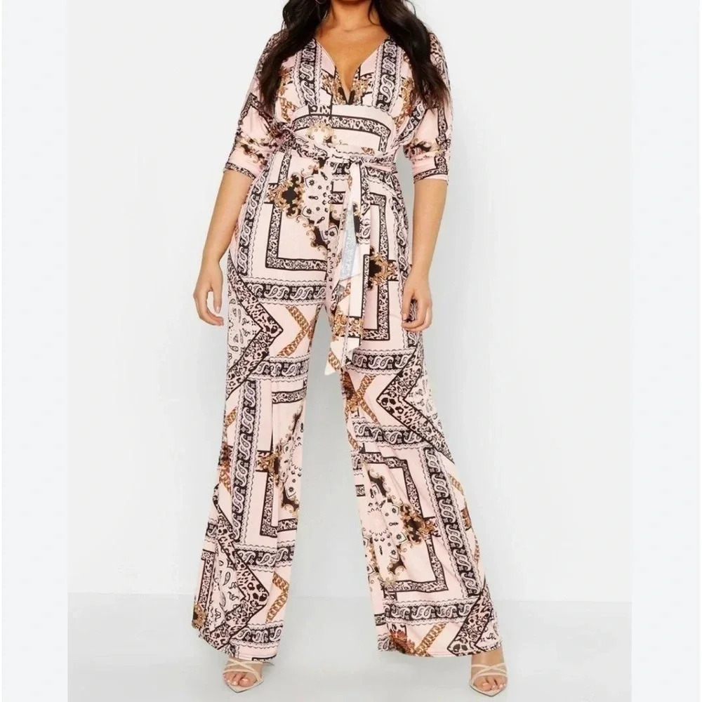 BooHoo Plus Slinky Chain Print Wide Leg Plunge Jumpsuit